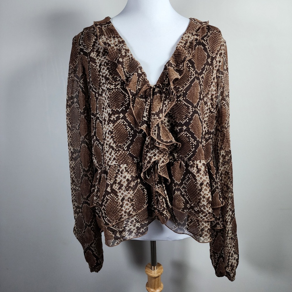 Haver Snakeskin Ruffle Blouse Womens L Brown‎ Sheer Peplum Animal Print Top Rock